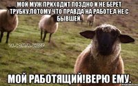 Мой муж приходит поздно и не берет трубку,потому что правда на работе.А не с бывшей. Мой работящий!Верю ему.