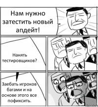 Нам нужно затестить новый апдейт! Нанять тестировщиков? Заебать игроков багами и на основе этого все пофиксить.