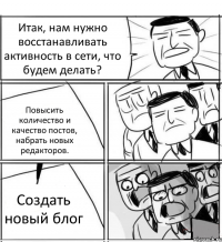 Итак, нам нужно восстанавливать активность в сети, что будем делать? Повысить количество и качество постов, набрать новых редакторов. Создать новый блог