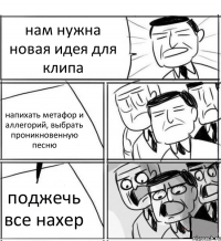 нам нужна новая идея для клипа напихать метафор и аллегорий, выбрать проникновенную песню поджечь все нахер