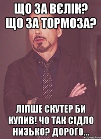 Що за вєлік? Що за тормоза? Ліпше скутер би купив! Чо так сідло низько? Дорого...