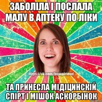 заболіла і послала малу в аптеку по ліки та принесла мідіцинскій спірт і мішок аскорбінок