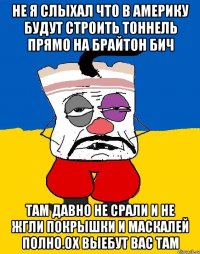 Не я слыхал что в америку будут строить тоннель прямо на брайтон бич Там давно не срали и не жгли покрышки и маскалей полно.ох выебут вас там