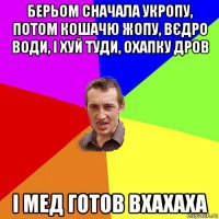 Берьом сначала укропу, потом кошачю жопу, вєдро води, і хуй туди, охапку дров І мед готов вхахаха