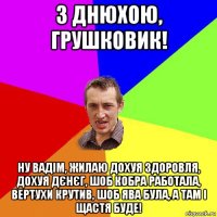 з днюхою, грушковик! ну вадім, жилаю дохуя здоровля, дохуя дєнєг, шоб кобра работала, вертухи крутив, шоб ява була, а там і щастя буде!