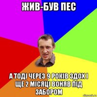 жив-був пес а тоді через 9 років здох і ще 2 місяці воняв під забором