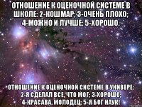 Отношение к оценочной системе в школе: 2-кошмар; 3-очень плохо; 4-можно и лучше; 5-хорошо. Отношение к оценочной системе в универе: 2-я сделал все, что мог; 3-хорошо; 4-красава, молодец; 5-я бог наук!