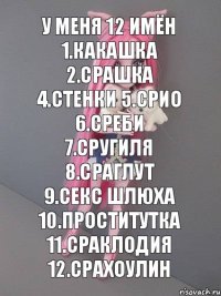 У меня 12 имён 1.Какашка 2.Срашка 4.Стенки 5.Срио 6.Среби 7.Сругиля 8.Сраглут 9.Секс шлюха 10.Проститутка 11.Сраклодия 12.Срахоулин