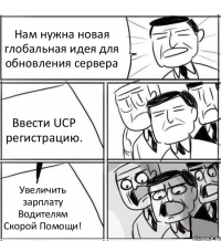 Нам нужна новая глобальная идея для обновления сервера Ввести UCP регистрацию. Увеличить зарплату Водителям Скорой Помощи!