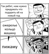 Так ребят, нам нужно придумать что подарить ей на новый год ожерелье
кольцо
машину пижаму