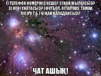 1) Телефон номерініз неше? 2) Қай жылысыз? 3) Нені ұнатасыз? (футбол, кітап оқу, тамақ пісіру т.б.) 4) Қай қаладансыз? Чат ашық!