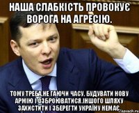 Наша слабкість провокує ворога на агресію. Тому треба,не гаючи часу, будувати нову армію і озброюватися.Іншого шляху захистити і зберегти Україну немає.