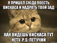 я пришел сюда поесть вискаса и надрать твой зад как видешь вискаса тут нету. p.s. летучий