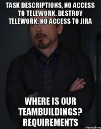 task descriptions, no access to telework, destroy telework, no access to JIRA Where is our teambuildings? requirements