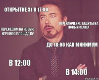 Открытие 31 в 17:00 До 18:00 как минимум В 12:00 В 14:00 Переключение защиты на новый сервер Переходим на новую игровую площадку