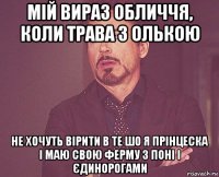 мій вираз обличчя, коли трава з олькою не хочуть вірити в те шо я прінцеска і маю свою ферму з поні і єдинорогами