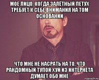 мое лицо, когда залётный петух требует к себе внимания на том основании что мне не насрать на то, что рандомный тупой хуй из интернета думает обо мне