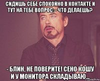 сидишь себе спокойно в контакте и тут на тебе вопрос: - что делаешь? - блин, не поверите! сено кошу и у монитора складываю...
