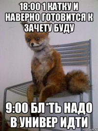 18:00 1 катку и наверно готовится к зачету буду 9:00 БЛ*ТЬ надо в универ идти