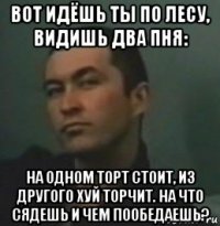 вот идёшь ты по лесу, видишь два пня: на одном торт стоит, из другого хуй торчит. на что сядешь и чем пообедаешь?