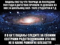 Пацаны пиз*ец что творица за последние пол года в Дагестане пропали 79 девушек ИЗ них 24 школьниц (6кл- 11кл) студентки и т.д я в ах*е пацаны следите за своими сестрами родственниками это уже не в какие рамки не влезает!!!