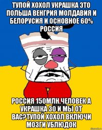 Тупой хохол украшка это польша венгрия молдавия и белорусия и основное 60% россия Россия 150млн.человек а украшка 30 и мы от вас?тупой хохол включи мозги ублюдок