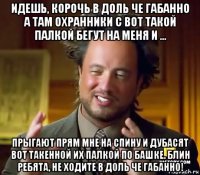 идешь, корочь в доль че габанно а там охранники с вот такой палкой бегут на меня и ... прыгают прям мне на спину и дубасят вот такенной их палкой по башке. блин ребята, не ходите в доль че габанно!