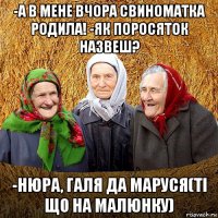 -а в мене вчора свиноматка родила! -як поросяток назвеш? -нюра, галя да маруся(ті що на малюнку)