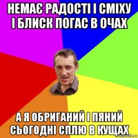 немає радості і сміху і блиск погас в очах а я обриганий і пяний сьогодні сплю в кущах