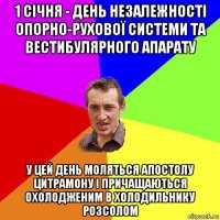 1 січня - день незалежності опорно-рухової системи та вестибулярного апарату у цей день моляться апостолу цитрамону і причащаються охолодженим в холодильнику розсолом