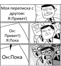 Моя переписка с другом:
Я:Привет) Он: Привет!)
Я:Пока Он:Пока