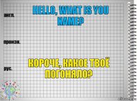 Hello, what is you name?  Короче, какое твоё погоняло?