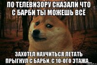 по телевизору сказали что с барби ты можешь всё захотел научиться летать прыгнул с барби, с 10-ого этажа...