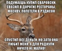 подумаешь купил сваровски, свозил в дорогие рестораны, москву, полетели в рэдисон спустил все деньги, но зато она любит меня, а для роднули ничего не жалко!