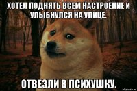 хотел поднять всем настроение и улыбнулся на улице. отвезли в психушку.