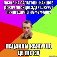 лазив на салатопкі,найшов дохлу лисицю,здер шкуру і припіздячів на фуфайку пацанам кажу шо це пісєц