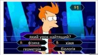 який урок найтящий? фізика хімя геометрія біологія