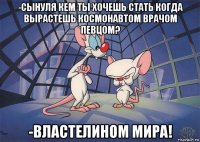 -сынуля кем ты хочешь стать когда вырастешь космонавтом врачом певцом? -властелином мира!