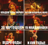 Кладем туды укропу Потом кошачью жопу 25 картошек? 15 мандавошек Ведро воды И хуй туды!