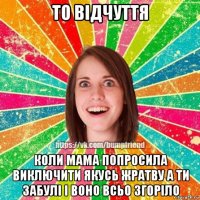 то відчуття коли мама попросила виключити якусь жратву а ти забулі і воно всьо згоріло