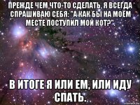 прежде чем что-то сделать, я всегда спрашиваю себя: "а как бы на моём месте поступил мой кот?". в итоге я или ем, или иду спать.