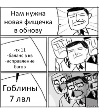 Нам нужна новая фищечка в обнову -тх 11
-баланс в кв
-исправление багов Гоблины 7 лвл