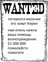 потерялся мальчик его зовут Кирил нам очень нужна ваша помощь вознограждение $1 000 000
пожалуйста помогите