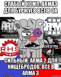 слабый комп: arma3 для буржуев все в oa сильный: arma 2 для нищебродов, все в arma 3
