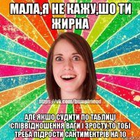 мала,я не кажу,шо ти жирна але якшо судити по таблиці співвідношення ваги і зросту,то тобі треба підрости сантиментрів на 10