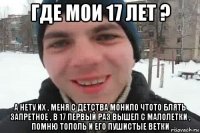 где мои 17 лет ? а нету их , меня с детства монило чтото блять запретное , в 17 первый раз вышел с малолетки , помню тополь и его пушистые ветки