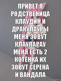 привет я родственица Клаудин и Дракулауры меня зовут Клауларау меня есть 2 котёнка их зовут Серена и Вандала