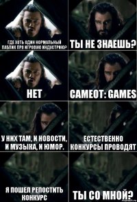 Где хоть один нормальный паблик про игровую индустрию? Ты не знаешь? нет Cameot: GAMES У них там, и новости, и музыка, и юмор. Естественно конкурсы проводят Я пошел репостить конкурс Ты со мной?