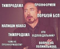 тижпродажа проінформуй напиши наказ чому не проінформували? хто відповідальний?  тижпродажа вопрос на полмильйона  порахуй бсп