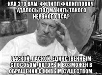 как это вам, филипп филиппович, удалось подманить такого нервного пса? лаской, лаской. единственным способом, который возможен в обращении с живым существом.